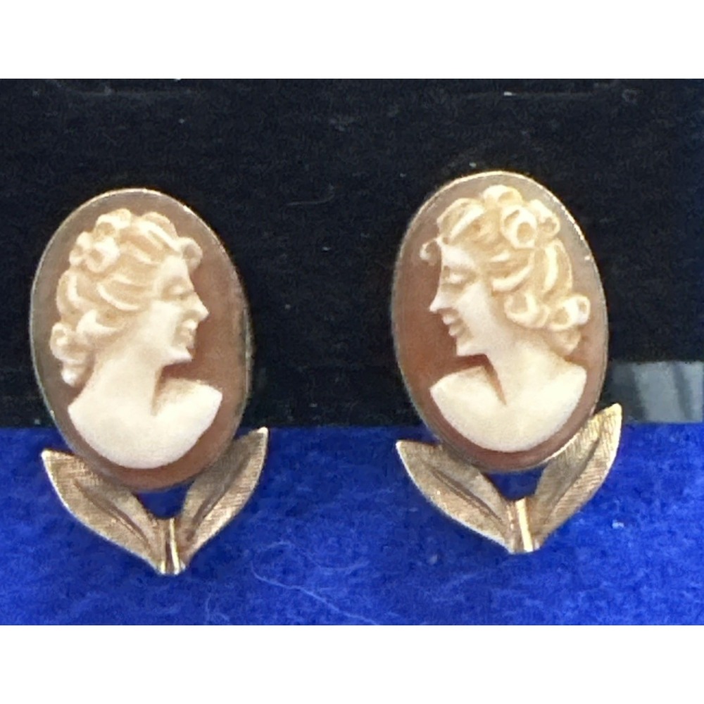 Vintage 12K GF Signed Van Dell Victorian Female Carved Cameo Screw Back Earrings